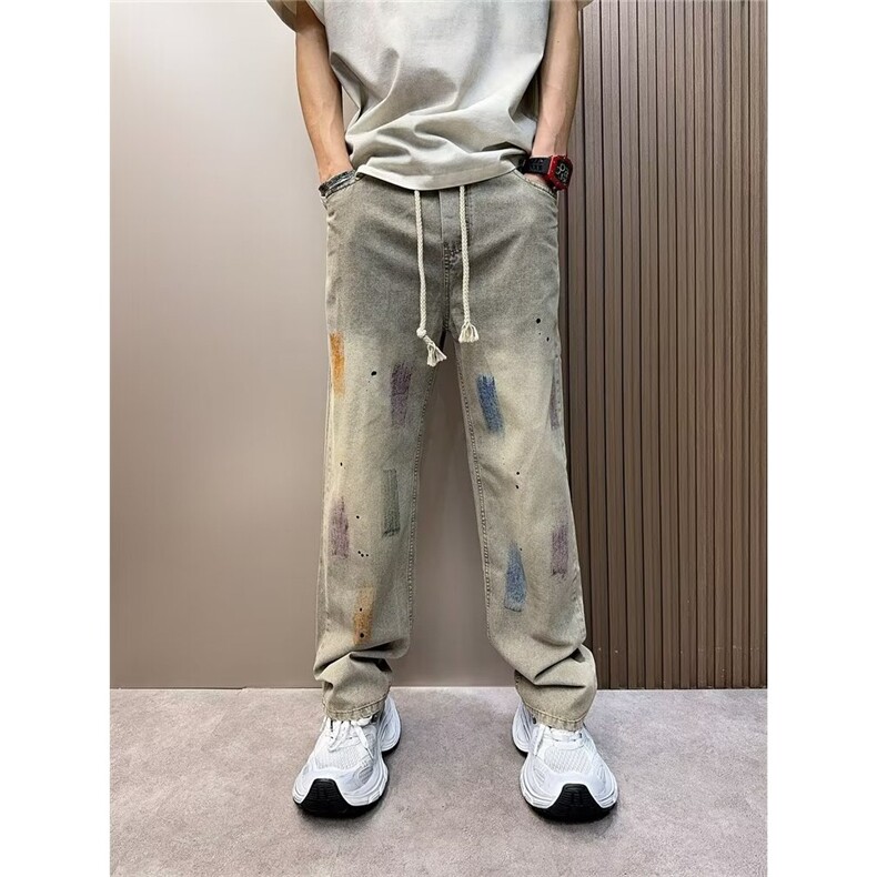 高街美式复古水洗涂鸦泼墨破洞牛仔裤男宽松直筒裤N1078-P53,男装牛仔裤,星座208-5