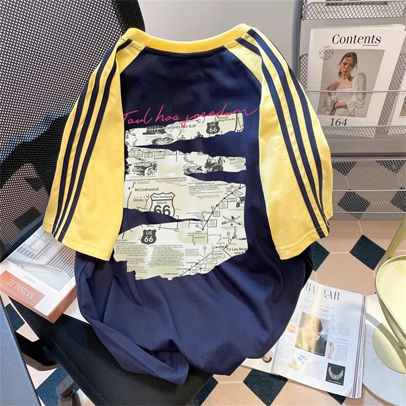 夏季美式高街重磅纯棉三条杠织带插肩撞色男女短袖T恤CZ113-特P25,男装T恤,电商A486