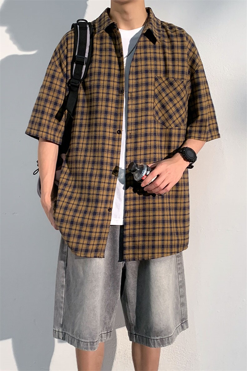 短袖衬衫文艺男士夏季新款港风宽松大码格子衬衫CS1903-P35,男装衬衫,星座214-3