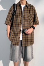 短袖衬衫文艺男士夏季新款港风宽松大码格子衬衫CS1903-P35，男装衬衫，星座214-3
