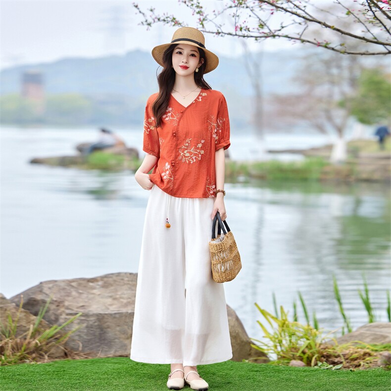 时尚优雅绣花套装女2026夏季新款复古气质宽松阔腿裤两件套,女装套装/套裙,魅影