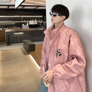 港风PU皮复古做旧可拆卸四芒星胸针设计夹克男JK77757P90控128图片
