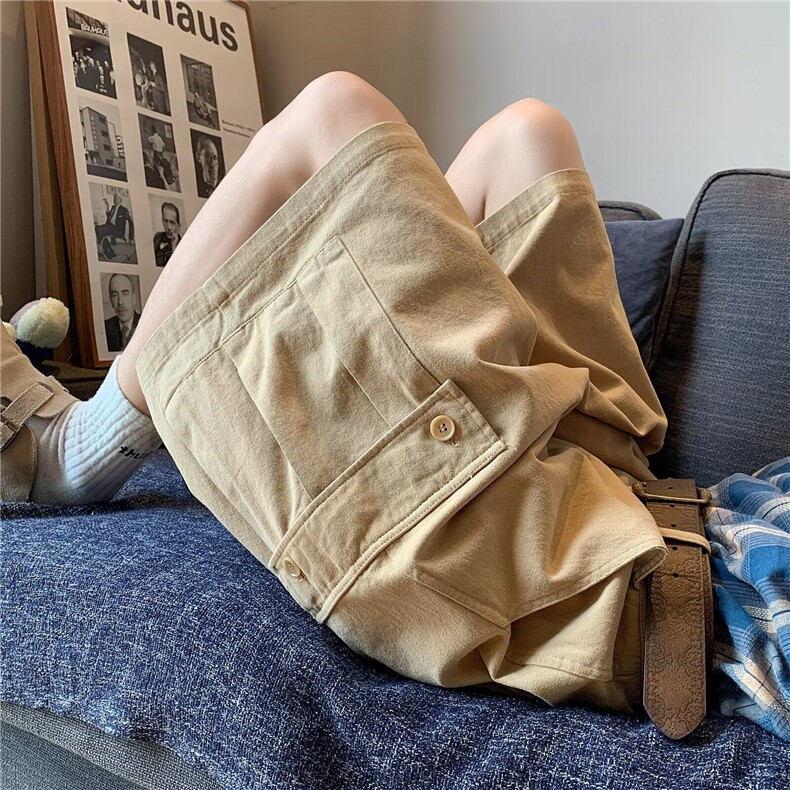 美式复古多口袋卡其色工装短裤夏季直筒五分中裤百搭阔腿七分裤,男装牛仔裤,星座601-1