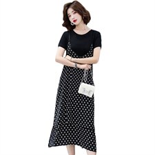 小花家2023流行韩版修身T恤拼设计感开衩吊带雪纺连衣裙女两件套，女装套装/套裙，E百度