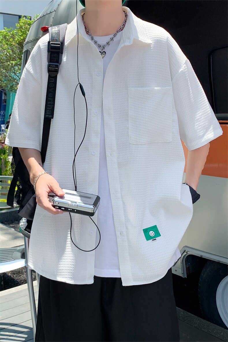 夏季贴标华夫格短袖衬衫男潮牌白色衬衣A355P40,男装T恤,电商A309