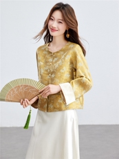 在仓~2026年春季新中式宽松纽扣真口袋通勤圆领人丝烫金长袖外套，女装短外套，新依时派