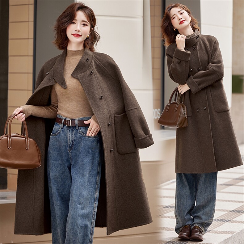 咖色双排扣羊绒大衣女中长款2024秋冬新款小个子宽松休闲毛呢外套，女装毛呢外套，韩宇舍