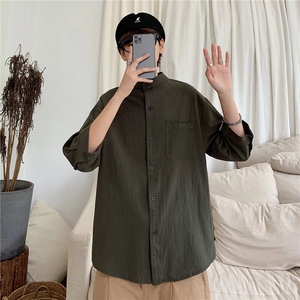 白色棉麻短袖衬衫男夏季新款潮流半袖衬衣男士休闲上衣服C118/P30