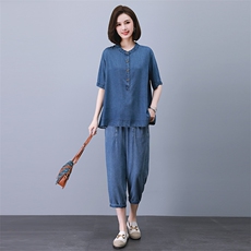 2023夏季新款时尚气质圆领显瘦休闲舒适牛仔两件套，女装套装/套裙，独衣靓