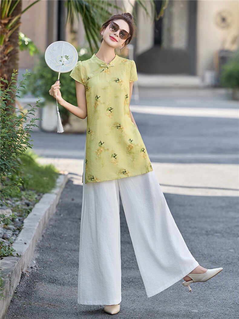 新中式国风绿色印花上衣套装女夏新款高级感别致白色阔腿裤两件套,女装套装/套裙,贵人树