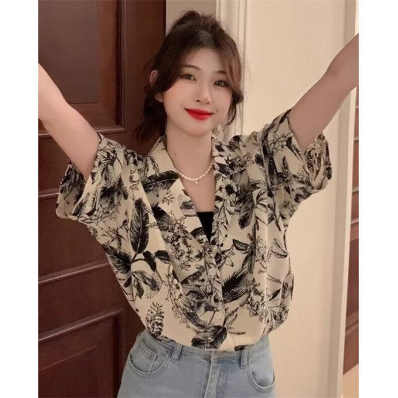 休闲短袖花衬衫女短款夏季小众设计感独特港风复古上衣潮C209,男装T恤,星座1116A（原606A-3）