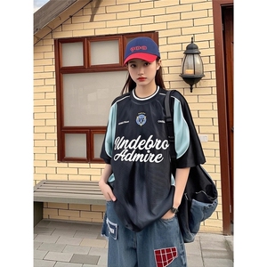 夏季美式复古拼接撞色字母印花短袖T恤男运动球衣机车骑行服上衣图片