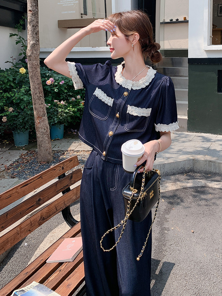 小香风牛仔套装女2025新款夏季超火今年流行爆款时尚阔腿裤两件套,女装套装/套裙,辉之琳