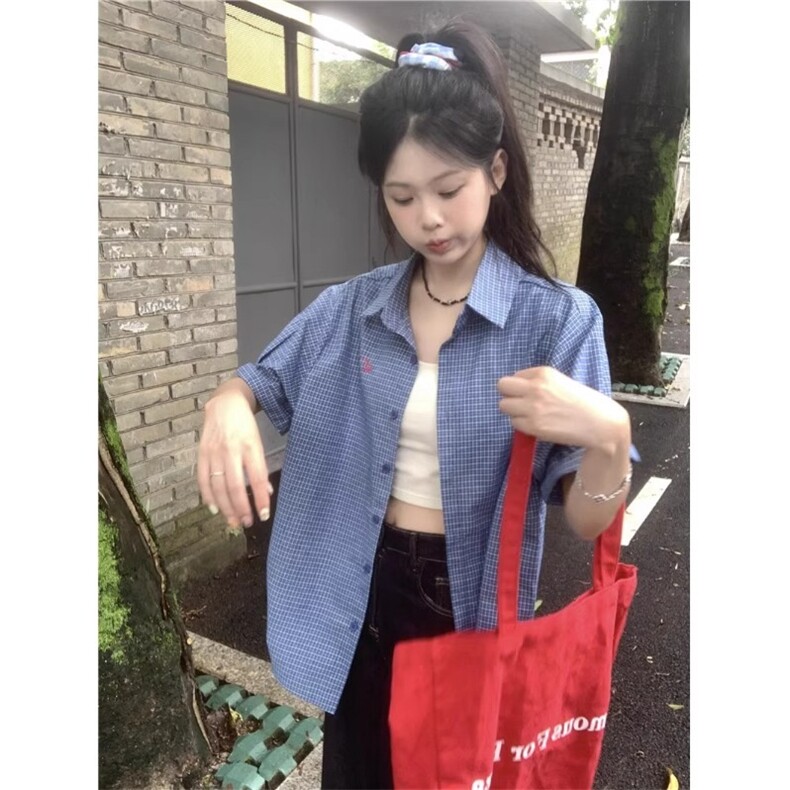刺绣短袖蓝色格子衬衫女夏季2025韩系学院风薄款衬衣宽松开衫外套,男装T恤,星座506A