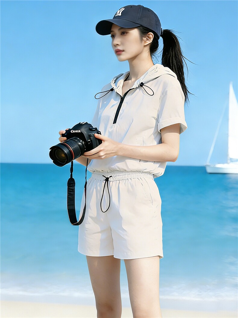 韩版时尚套装女夏季新款洋气减龄连帽半开拉链短袖上衣短裤两件套,女装套装/套裙,江南
