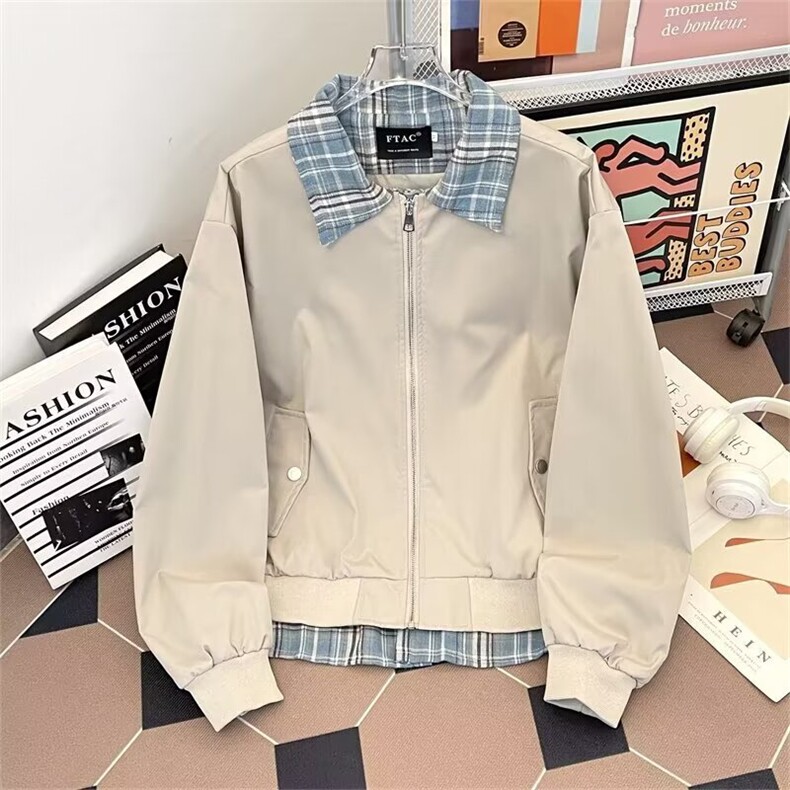5211-P602025美式复古格子拼接假两件夹克男女设计感情侣工装,男装夹克,电商B323A
