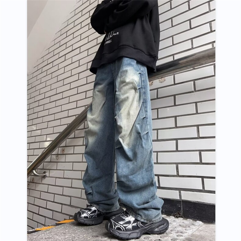 美式牛仔裤男韩版潮流褶皱高街帅2023秋冬新款ins长裤KR1145-P50图片