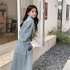 法式气质减龄Polo领牛仔连衣裙女2025秋秋季新款韩版收腰显瘦长裙，女装连衣裙，秋水欣儿