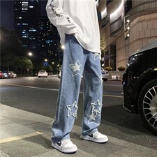 刺绣牛仔裤男ins高街宽松五角星老爹裤潮牌直筒阔腿裤子N1991-p45，男装牛仔裤，星座1008-2