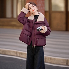 90绒。数据好，三年不下架，2025冬季短款羊羔毛拼接领羽绒服外套，女装短外套，E百度