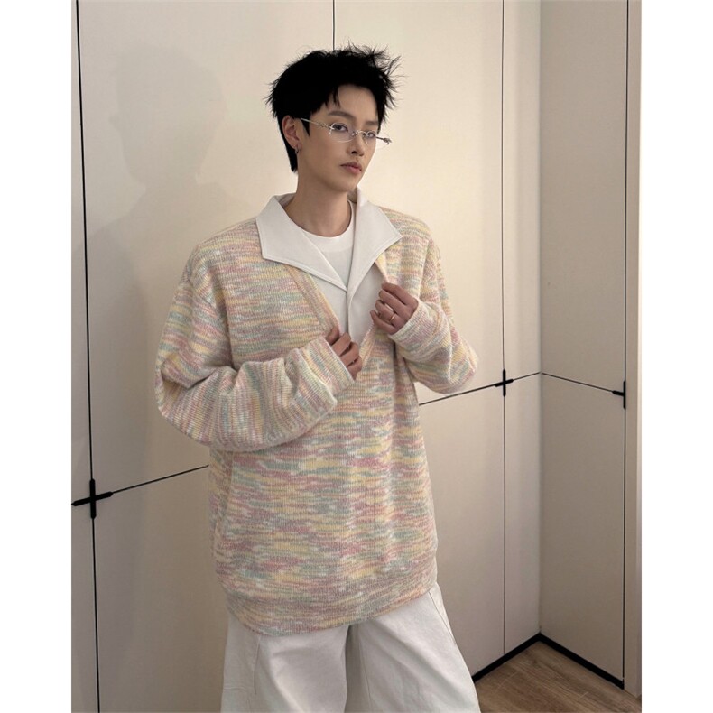 美式男士卫衣慵懒风彩点假两件翻领毛衣外衣宽松休闲针织衫,男装针织衫/毛衣,电商B319