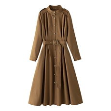 现货新款气质长袖连衣裙女2025秋新款系带收腰中长款风衣裙送腰带，女装风衣，韩美纤衣