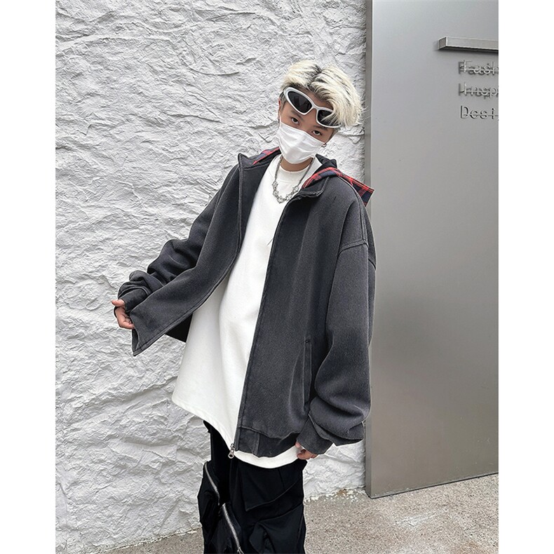 美式复古假两件连帽卫衣男女秋冬季做旧宽松开衫外套潮Y8088-p68,女装短外套,星座1008