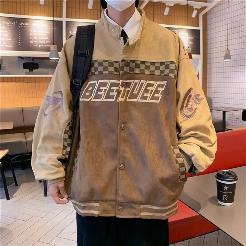 潮牌刺绣麂皮绒夹克春季潮美式复古宽松立领休闲外套JK8714-P60,男装夹克,星座1109-3