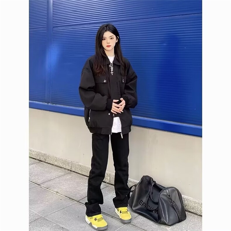 美式复古黑色外套女春秋季新款飞行夹克宽松百搭高级感翻领棒球服,男装夹克,星座506A