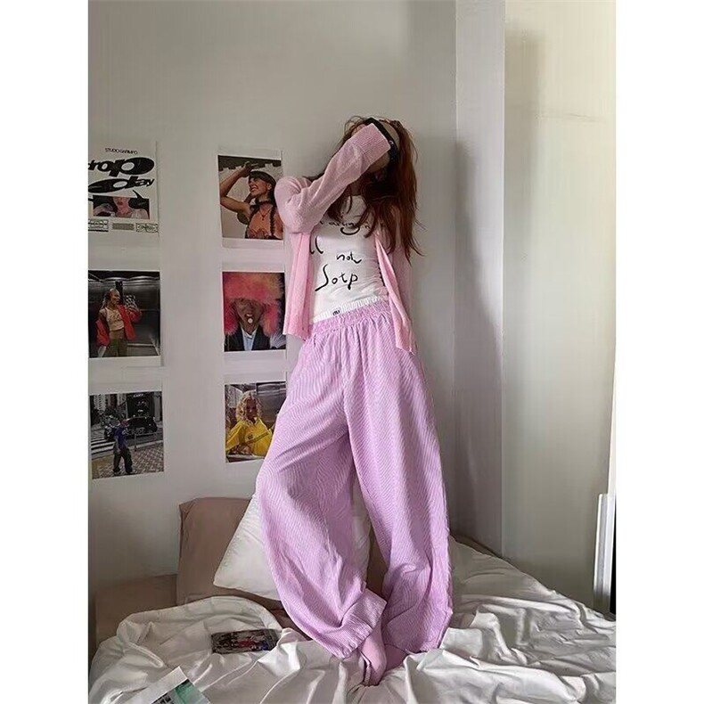 假两件冰丝条纹长裤男女夏季新款设计感休闲阔腿慵懒风显瘦直筒裤,男装休闲裤,星座506A