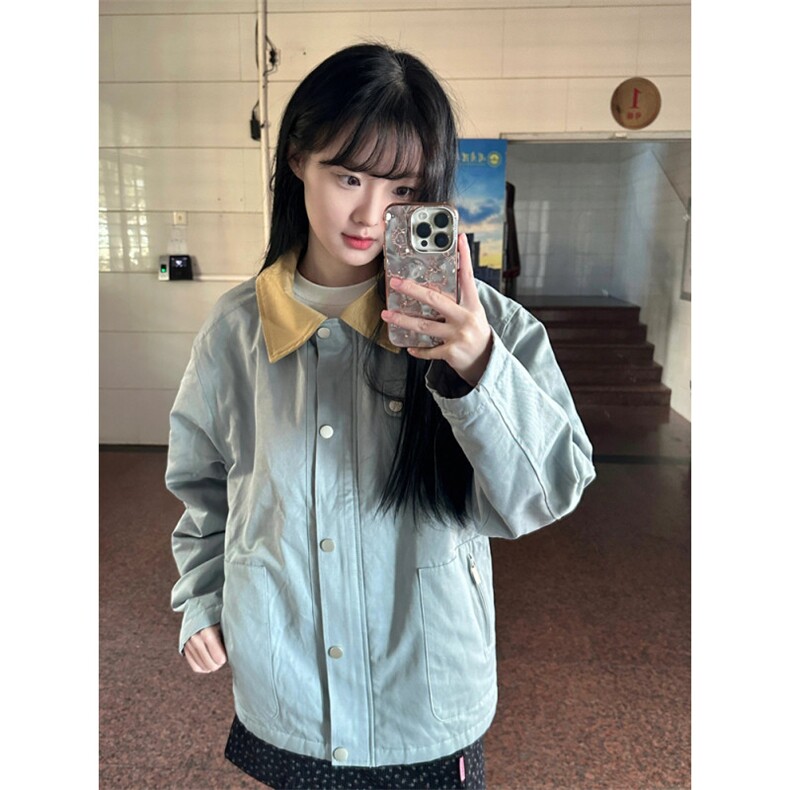 美式复古工装外套女春秋款小个子夹棉加厚拼接撞色潮牌翻领夹克潮图片