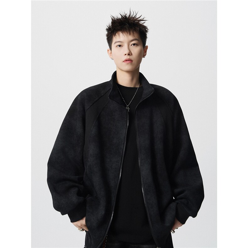 可二开罗纹拼接脏脏灰扎染面料大码M-5XL夹克JK78083P65控98,男装夹克,星座227-7
