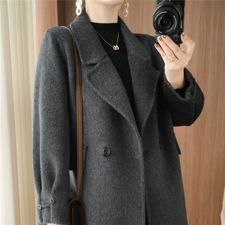 双面毛呢大衣外套女士春秋冬季2025年新款休闲小个子中长呢子大衣,女装双面呢大衣,贝源羊绒