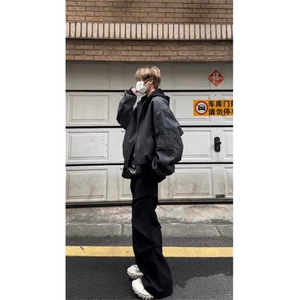 春季新款港风美式潮流原版做旧假两件连帽皮衣夹克ins JK1425-P85图片