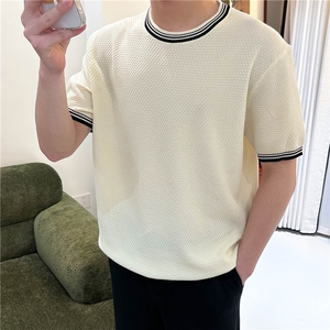 夏季薄款冰丝短袖针织衫圆领拼色T恤男轻熟 N6720-P50图片