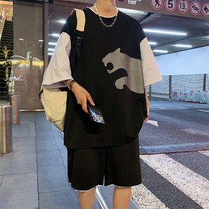 高品质夏季短袖T恤套装青少年纯棉宽松男潮流男装DF317P65控89图片
