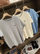 夏季新款麻花三色小爱心冰丝针织T恤宽松百搭显瘦时尚休闲上衣，女装针织衫/毛衣，沐策羊绒