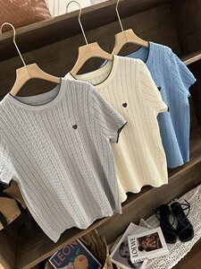 夏季新款麻花三色小爱心冰丝针织T恤宽松百搭显瘦时尚休闲上衣图片