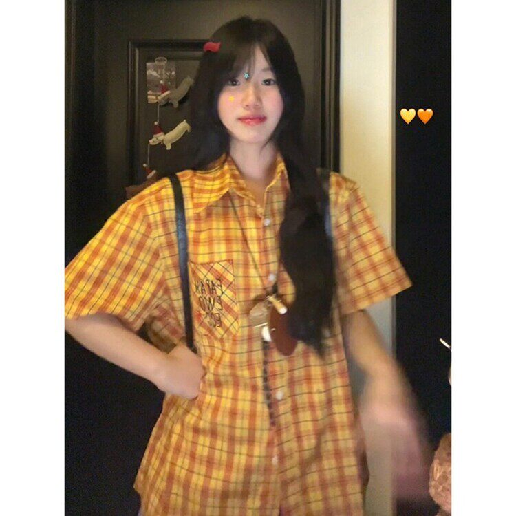 美式复古黄色短袖格子衬衫女夏季2025新款小个子外搭休闲衬衣外套，女装衬衫，星座218-8