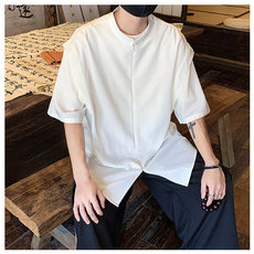 夏季2025新款新中式设计感纯色立领短袖衬衫男风唐潮衬衣外套，男装衬衫，星座506A