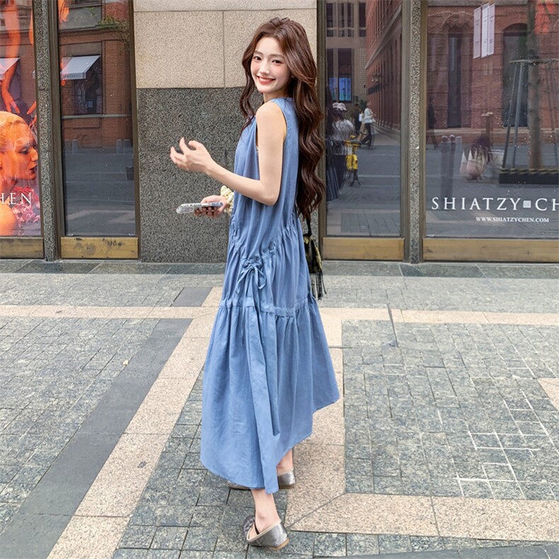 蓝色设计感抽绳无袖背心连衣裙女2025夏新款韩系文艺风宽松A字裙,女装连衣裙,2C158