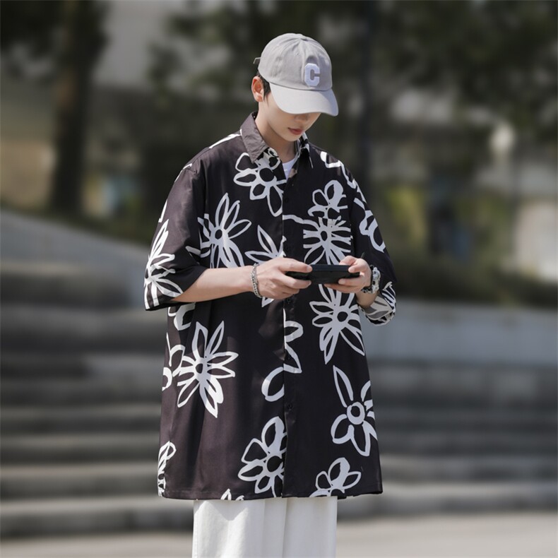 2025夏装花朵印花短袖冰丝衬衫男女潮流衬衣C309P35,男装T恤,电商C323
