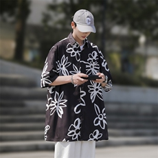 2025夏装花朵印花短袖冰丝衬衫男女潮流衬衣C309P35，男装T恤，电商C323