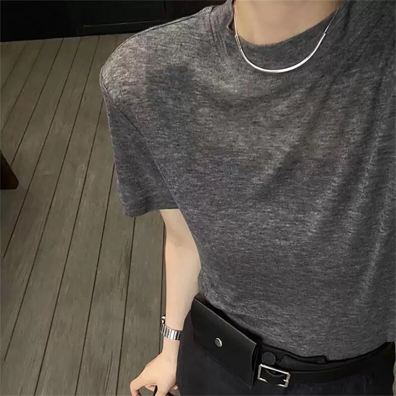 灰色针织面膜短袖t恤女夏薄款简约纯色时尚圆领上衣半袖正肩小衫,女装T恤,雪真羊绒
