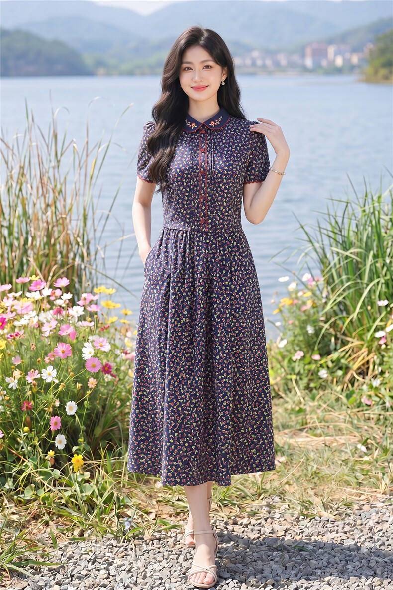 田园风碎花刺绣连衣裙女春夏收腰显瘦中长裙,女装连衣裙,水衣源