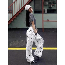 美式复古休闲裤女夏季新款小狗印花宽松直筒阔腿裤垂坠感显瘦长裤，女装休闲裤，星座1210-1