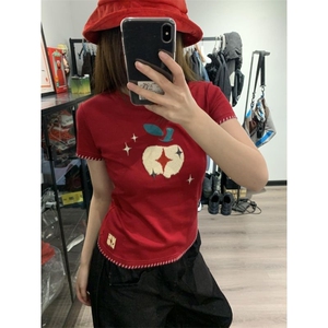 H0611-P35刺绣+毛巾绣包边拉肩短袖T恤女图片