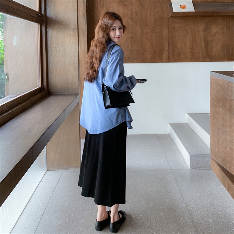 蓝色系带蝴蝶结衬衫吊带连衣裙套装女春秋季巨好看减龄超火两件套,女装套装/套裙,2C198