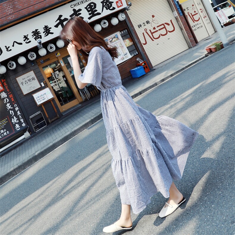 2021夏季新款现货255-8001-P80（控138）复古长款格子连衣裙,女装连衣裙,浙宝288（原255）