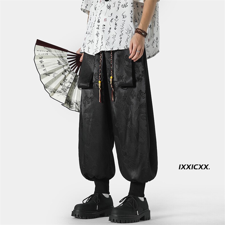 特批P42无差价夏季新中式龙纹印花宽松大码冰丝束脚灯笼裤男K1369，男装休闲裤，电商A082